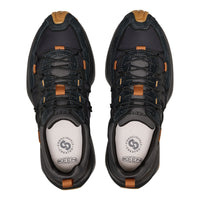 A pair of KEEN hiking shoes shown from a top-down view, featuring a dark navy and black upper with tan accents on the toe caps, laces, and heel pulls, set against a plain white background.