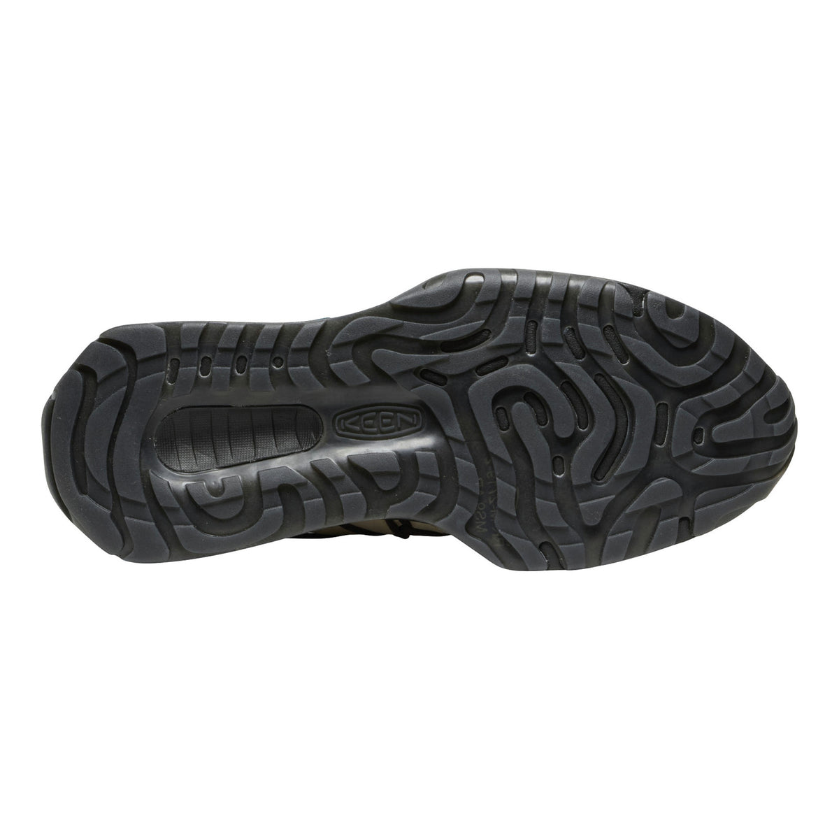 The treaded outsole of a black shoe, shown from a top-down view against a plain white background.