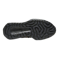 The treaded outsole of a black shoe, shown from a top-down view against a plain white background.