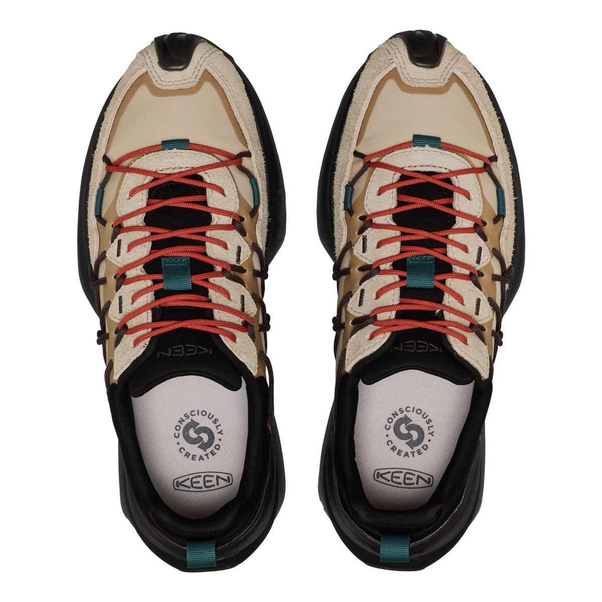 A pair of KEEN brand athletic sneakers shown from a top-down view on a solid white background. The sneakers feature a beige and black mesh upper with vibrant coral-red laces, teal accents, and white insoles with KEEN branding.