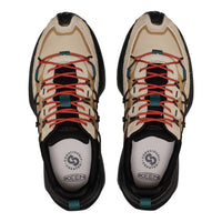 A pair of KEEN brand athletic sneakers shown from a top-down view on a solid white background. The sneakers feature a beige and black mesh upper with vibrant coral-red laces, teal accents, and white insoles with KEEN branding.
