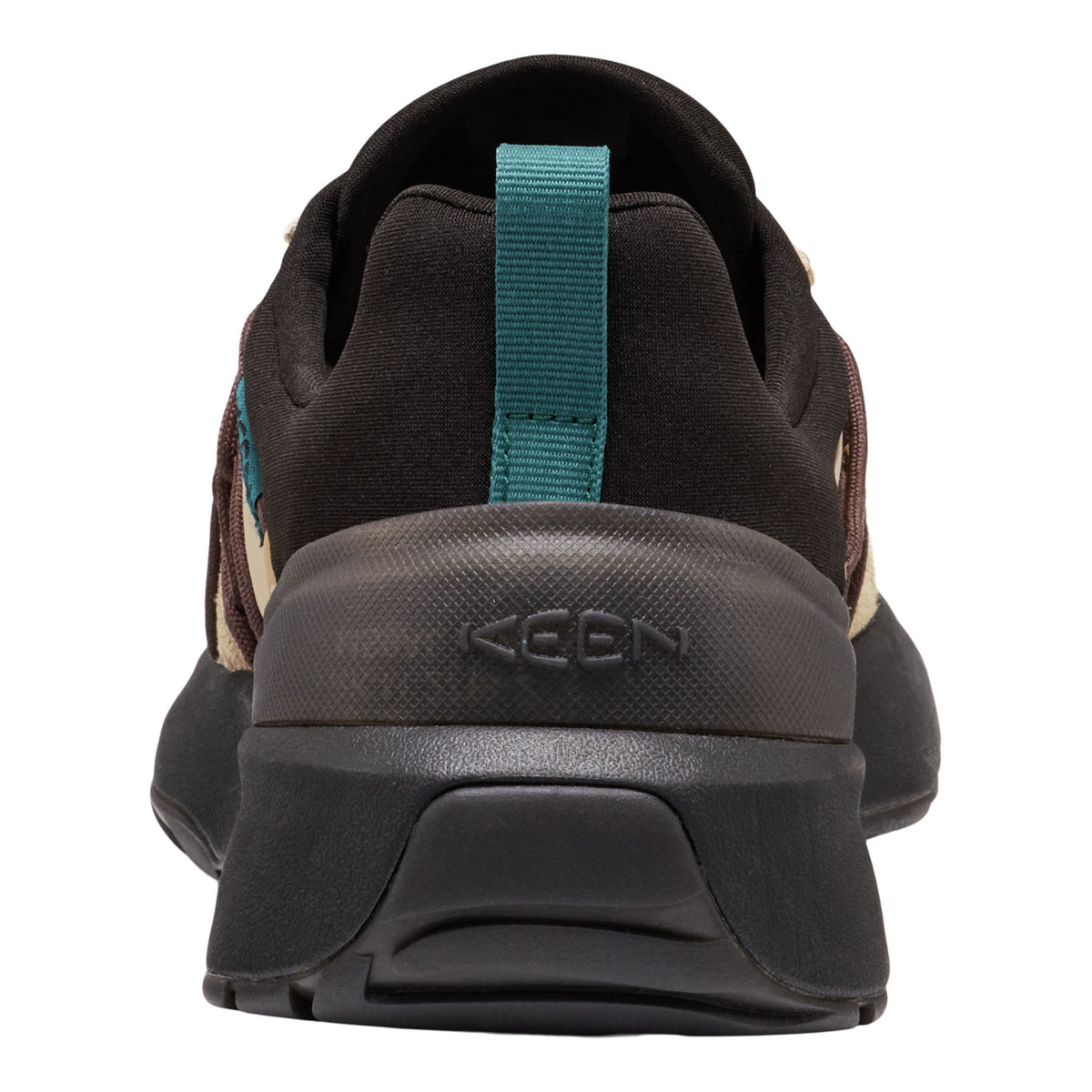 A close-up rear view of KEEN athletic shoe in black with a teal pull tab and subtle tan side accents, set against a plain white background.