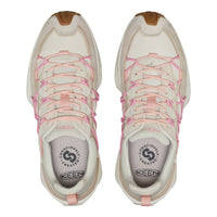 A pair of KEEN brand chunky sneakers shown from a top-down view. The shoes feature a cream-colored suede and mesh upper with light pink elastic laces and a brown leather toe cap.