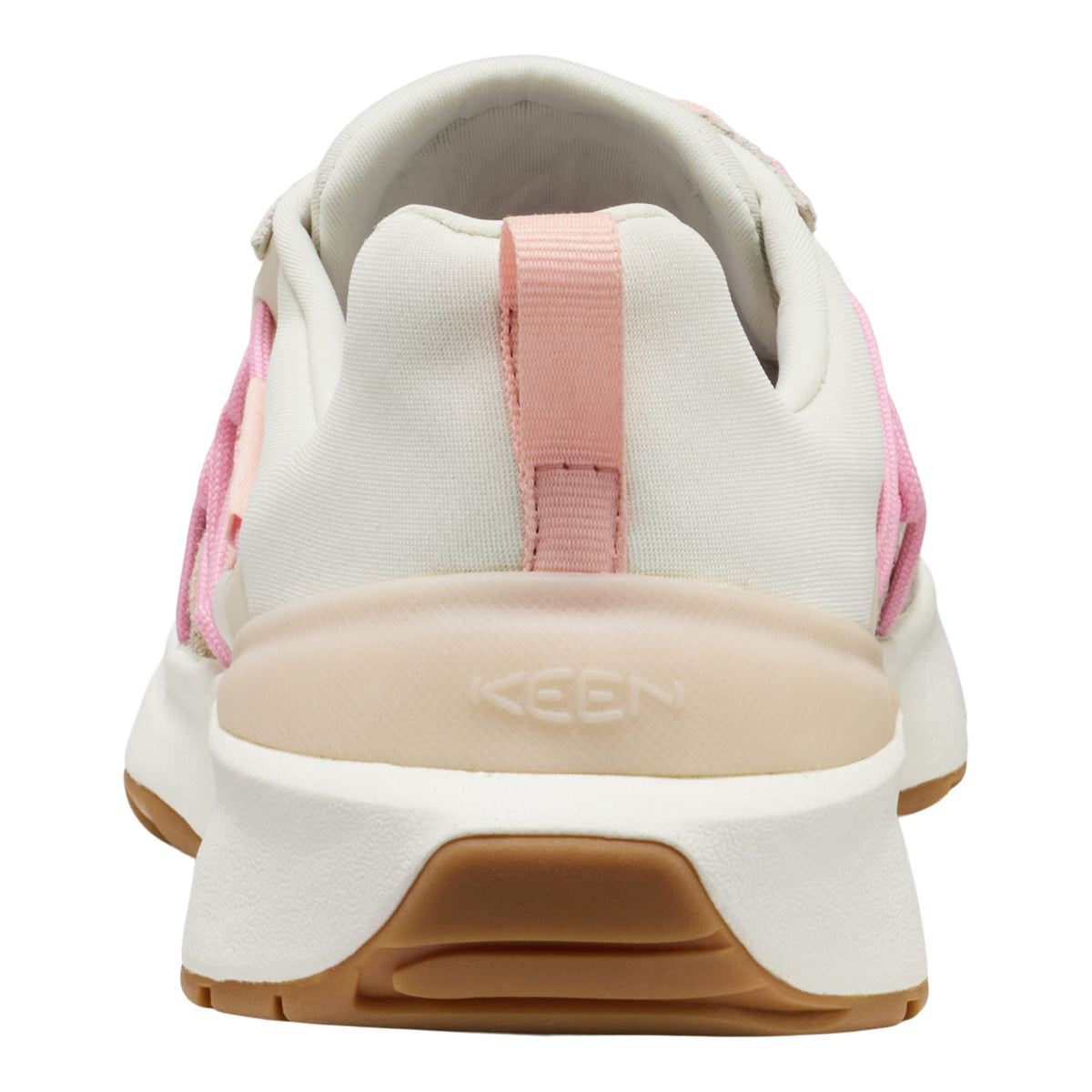 A close-up rear view of a KEEN sneaker in off-white canvas with a light pink heel tab and side accents, featuring a beige midsole and a brown gum outsole.
