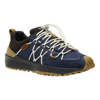 A single Keen outdoor sneaker in navy blue suede and mesh, featuring white laces, a black collar, tan accents on the heel and toe, and a thick black and tan sole, shown against a plain white background.