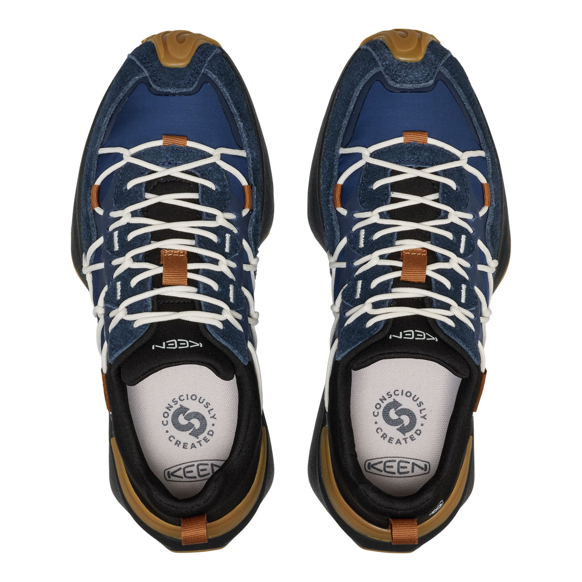 A pair of Keen hiking shoes shown from a top-down view, featuring a navy blue suede and mesh upper with white laces, tan leather accents, and a black sole.