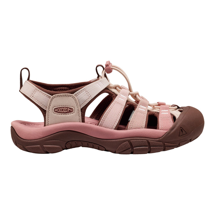 A Keen women's sandal in light pink and brown, shown from a side profile view against a plain white background.