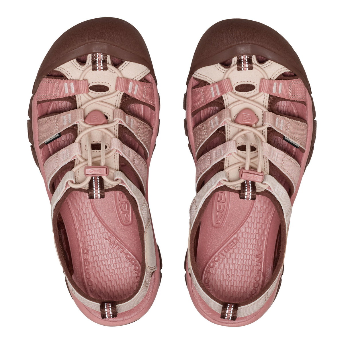 A pair of Keen K2060 women's sandals shown from a top-down view on a white background. The sandals feature a color-blocked design in dusty pink, light beige, and dark brown.