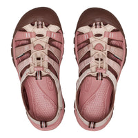 A pair of Keen K2060 women's sandals shown from a top-down view on a white background. The sandals feature a color-blocked design in dusty pink, light beige, and dark brown.