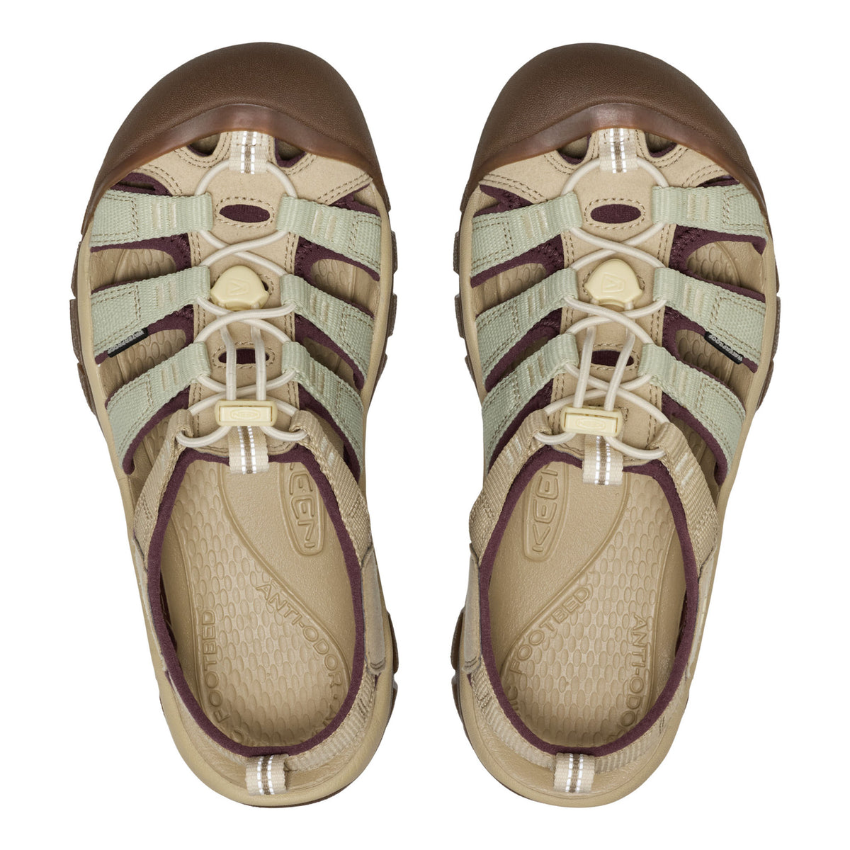 A pair of Keen Sandals Classic II water shoes shown from a top-down view on a white background. The sandals feature a beige mesh upper with sage green and dark brown straps, beige laces, and a dark brown toe cap.