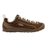 A brown suede Keen shoe with white laces and white contrast stitching, shown in a side profile on a white background.