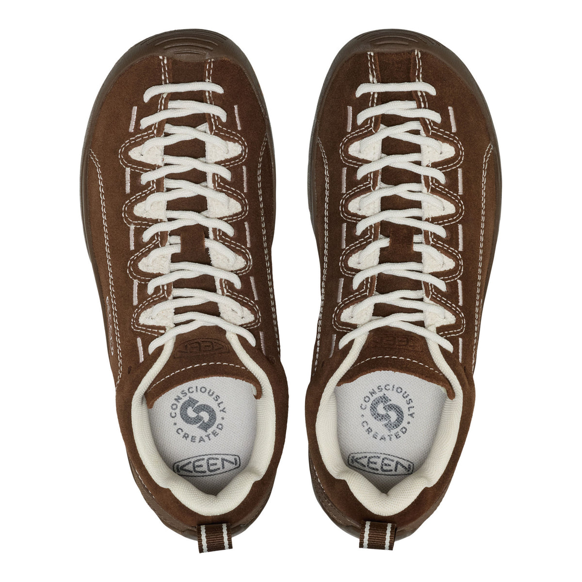 A pair of brown KEEN leather low-top sneakers shown from a top-down view on a white background.