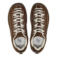 A pair of brown KEEN leather low-top sneakers shown from a top-down view on a white background.