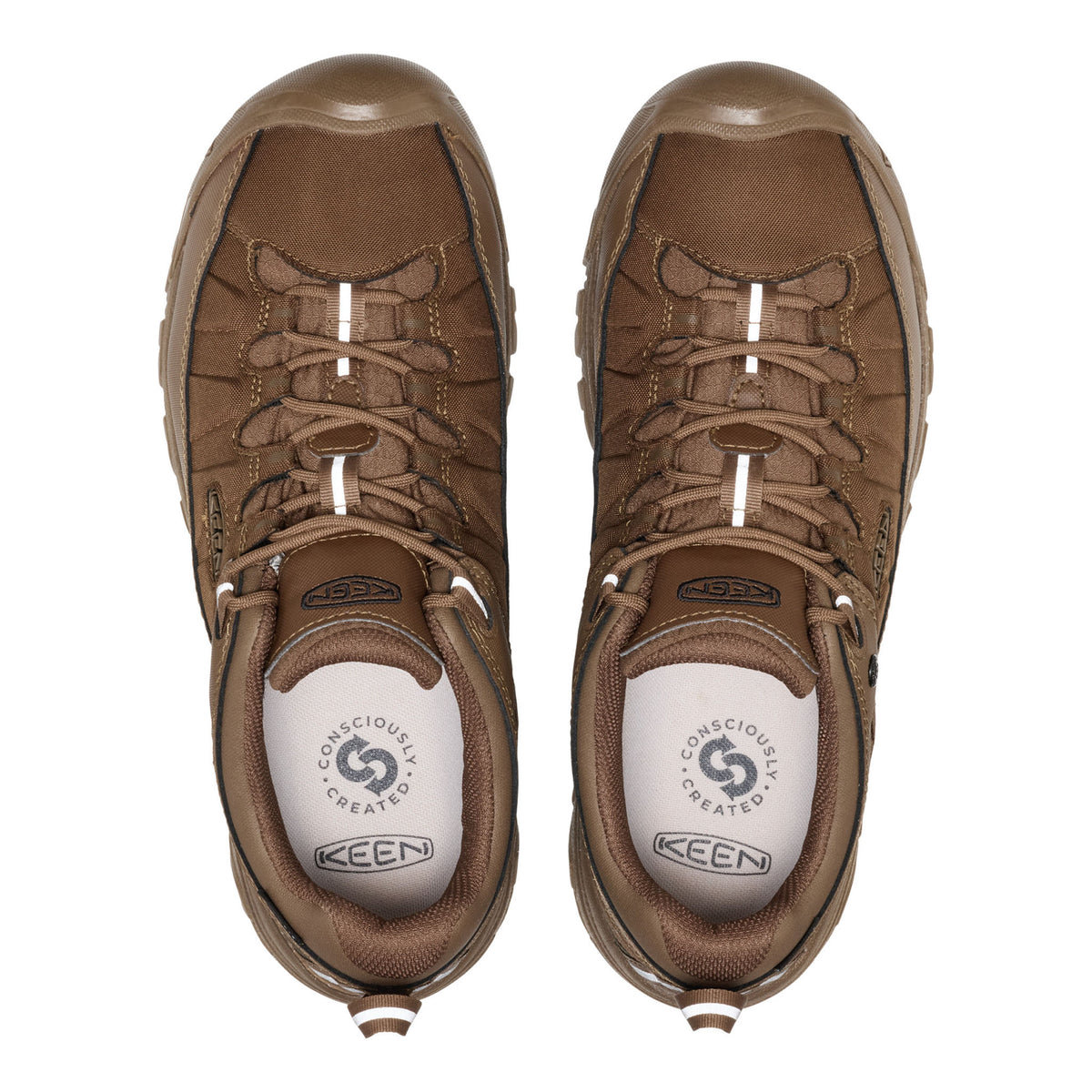 A pair of brown Keen hiking shoes shown from a top-down view on a solid white background.