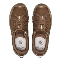 A pair of brown Keen hiking shoes shown from a top-down view on a solid white background.