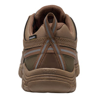 A brown Keen waterproof hiking shoe shown from a rear three-quarter view against a white background.