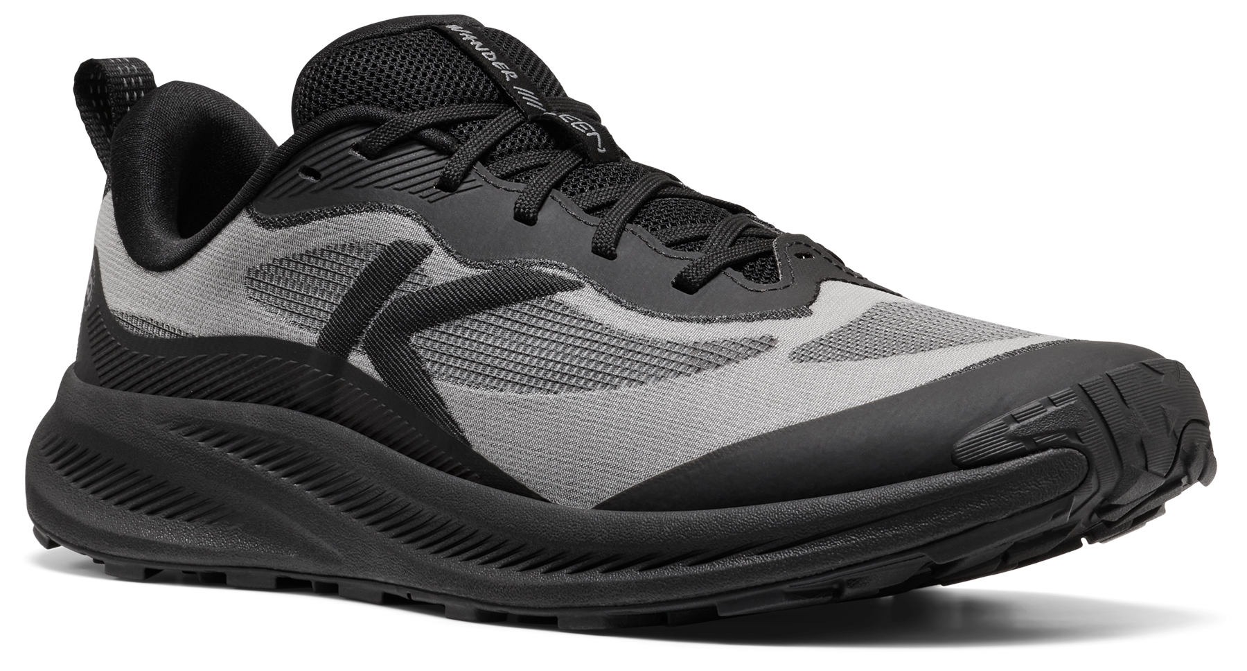 A black and gray athletic sneaker shown from a three-quarters angle on a white background.