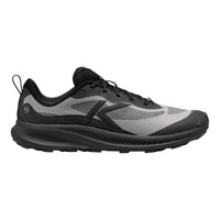 A black and gray athletic trail running shoe shown in a side profile view against a plain white background.