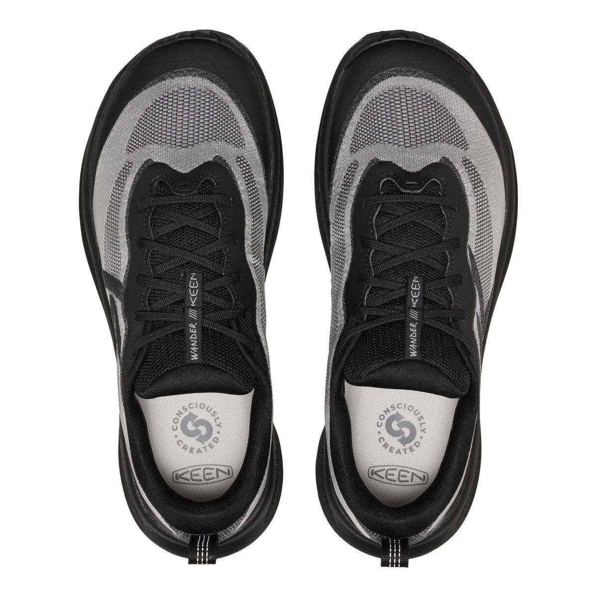 A pair of KEEN Winkle sneakers shown from a top-down view, featuring a black and gray knit upper with a white insole.