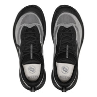 A pair of KEEN Winkle sneakers shown from a top-down view, featuring a black and gray knit upper with a white insole.