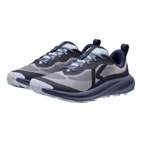 A pair of athletic trail running shoes in gray, navy, and white, shown from a three-quarters angle on a solid white background.