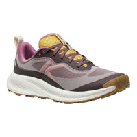 A single athletic sneaker shown from a side profile view on a solid white background. The shoe features a gray mesh upper with dusty pink overlays, a yellow mesh tongue, a white midsole, and a brown outsole.