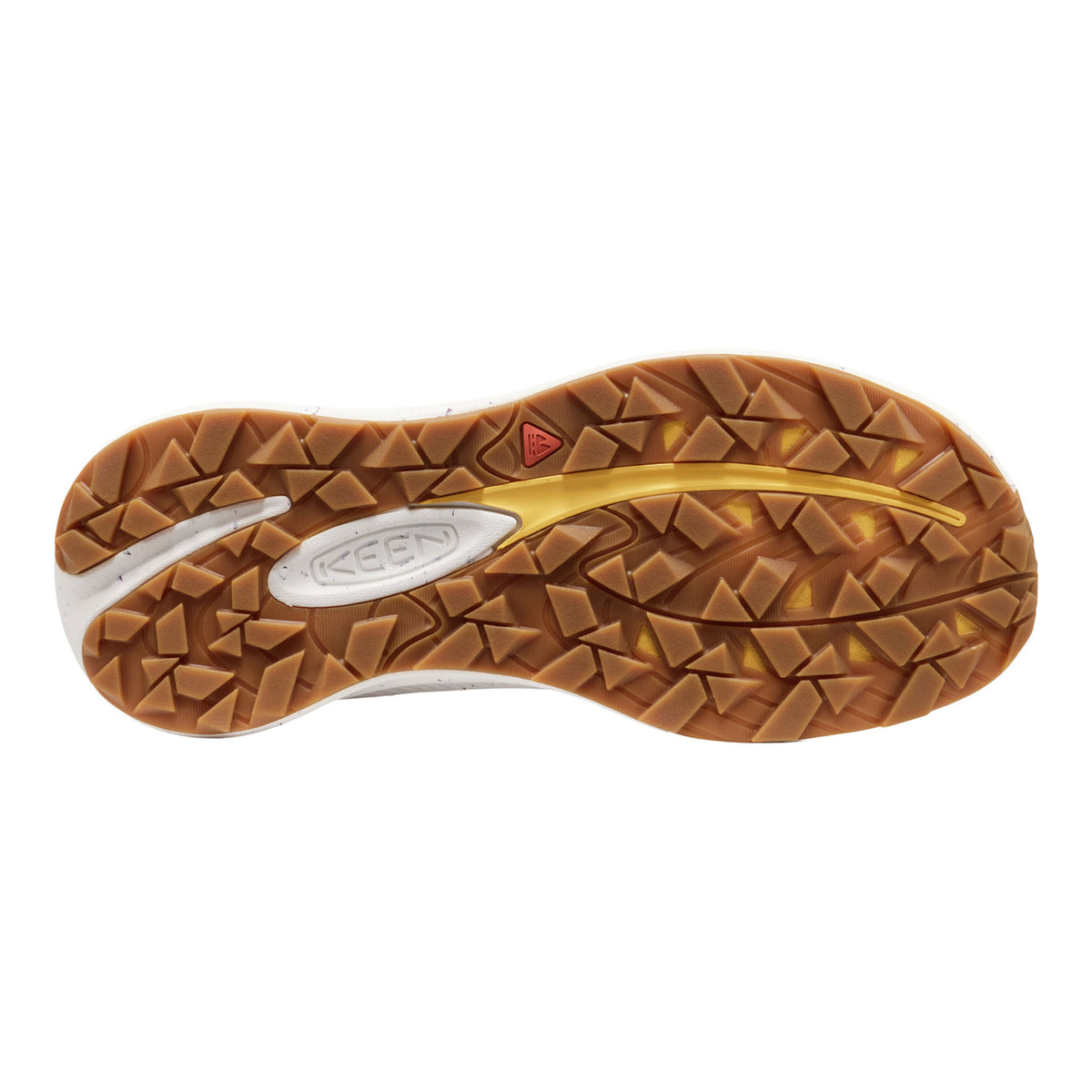 The outsole of a Keen brand shoe, showing a brown textured tread pattern with a white heel area, a gold curved accent line, and a small red triangular logo.