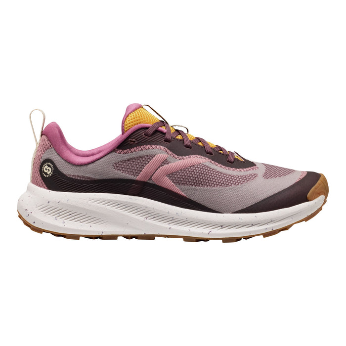 A single women's trail running shoe shown in a side profile view against a solid white background. The shoe features a pink and gray mesh upper, a dark brown synthetic overlay, a white midsole, and a brown outsole.