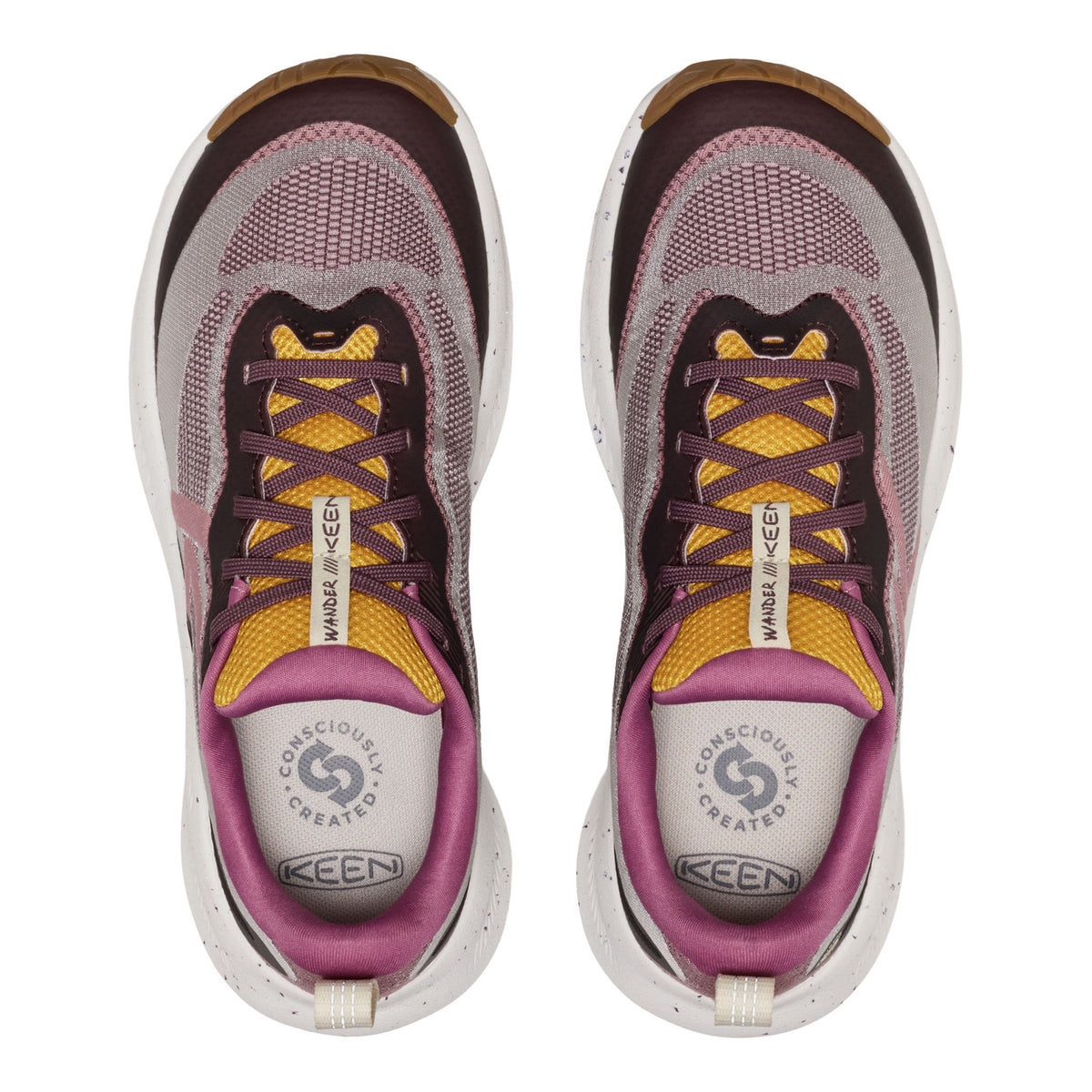 A pair of KEEN brand running shoes shown from a top-down view against a white background. The shoes feature a gray mesh upper with burgundy overlays, yellow laces, and a white midsole.