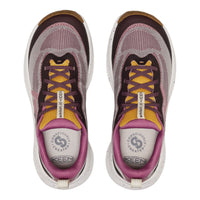 A pair of KEEN brand running shoes shown from a top-down view against a white background. The shoes feature a gray mesh upper with burgundy overlays, yellow laces, and a white midsole.