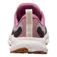 A close-up rear view of a KEEN sneaker in pink, gray, and white, featuring a pink heel counter, a white pull tab, and a brown outsole.