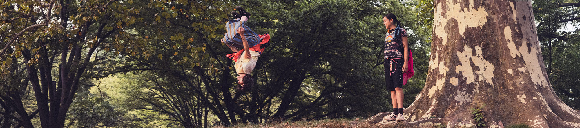 Two people standing on a tree branch with a scenic background of trees and greenery.