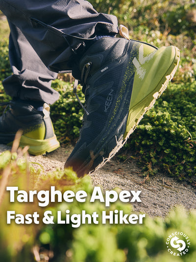 Person wearing black hiking boots with green soles on a trail, with text 'Targhee Apex Fast & Light Hiker' and 'KEEN' branding.