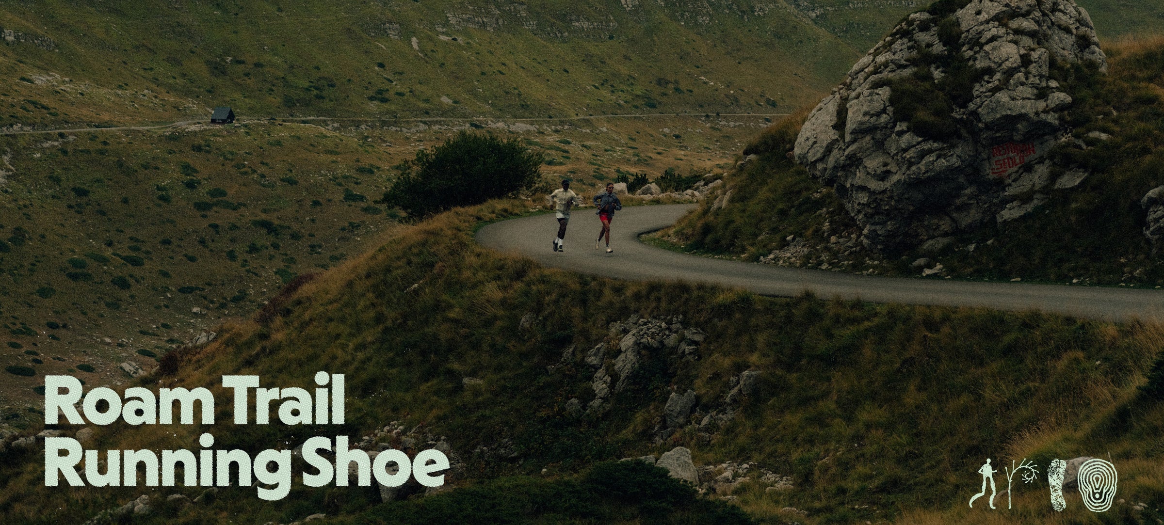 Two runners on a winding road with 'Roam Trail Running Shoe' text overlay.