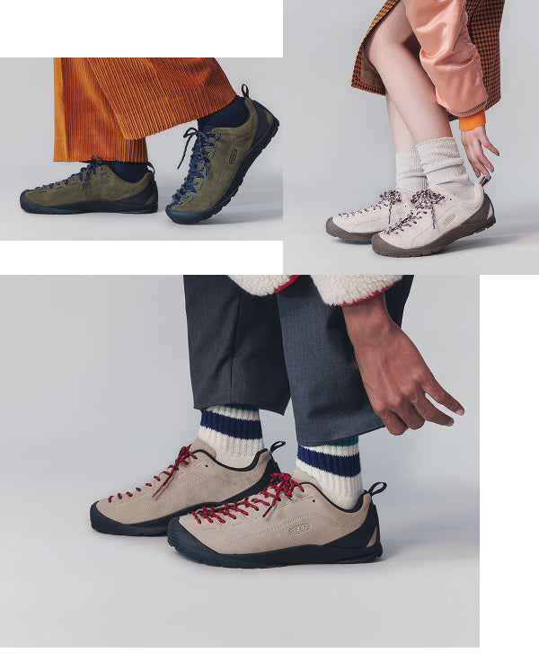 Three lifestyle product shots of K-Swiss outdoor sneakers shown on models' feet, featuring different colorways: olive green with navy, beige with red laces, and cream with brown details.
