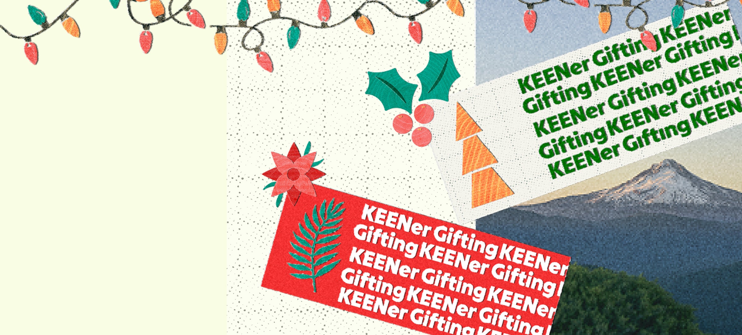 Promotional graphic with KEENer branding and Christmas-themed elements.