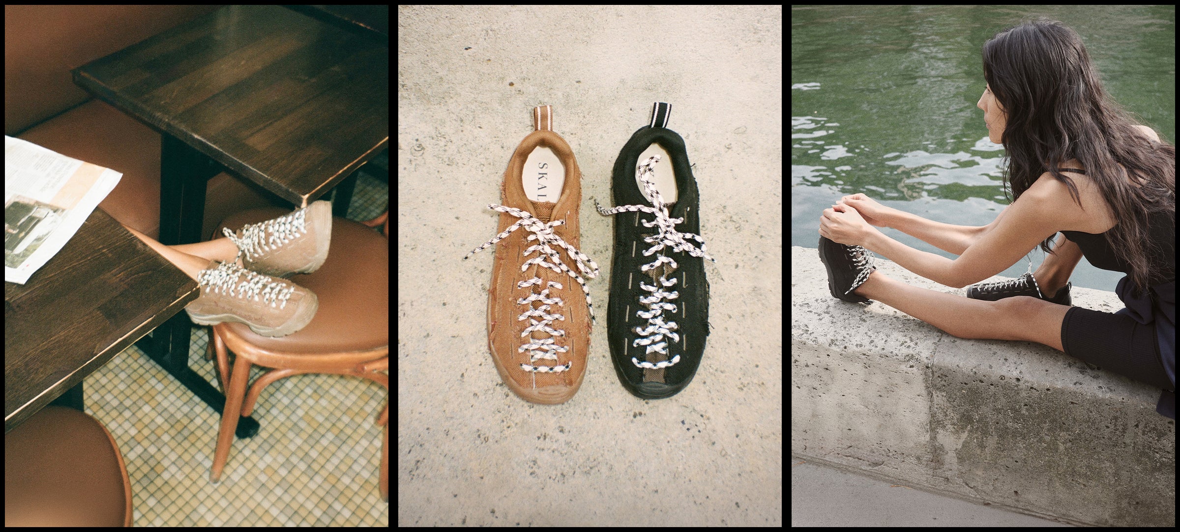 A three-panel collage showing a pair of lace-up ankle boots in real-world settings: one panel shows the boots on a table with a person's legs crossed, one panel shows the tan and black boots laid flat on a concrete surface, and one panel shows a woman sitting by a body of water wearing the boots.