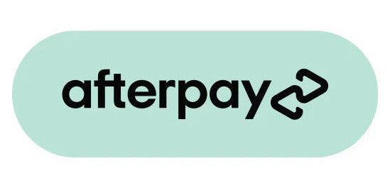 Afterpay logo on a light mint green rounded rectangle with black text and a black card icon, centered on a white background.