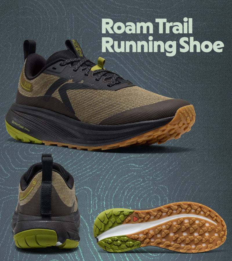 Roam Trail Running Shoe with side, top, and sole views on a blue background