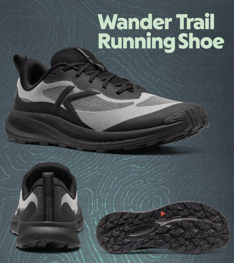 A black and gray trail running shoe shown from multiple angles on a textured dark teal background with the text 'Wander Trail Running Shoe' at the top. The views include a side profile, a rear view, and a sole view showing the tread pattern.