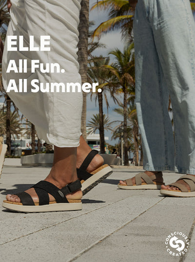 Two people wearing sandals with palm trees in the background, featuring the 'ELLE' brand.