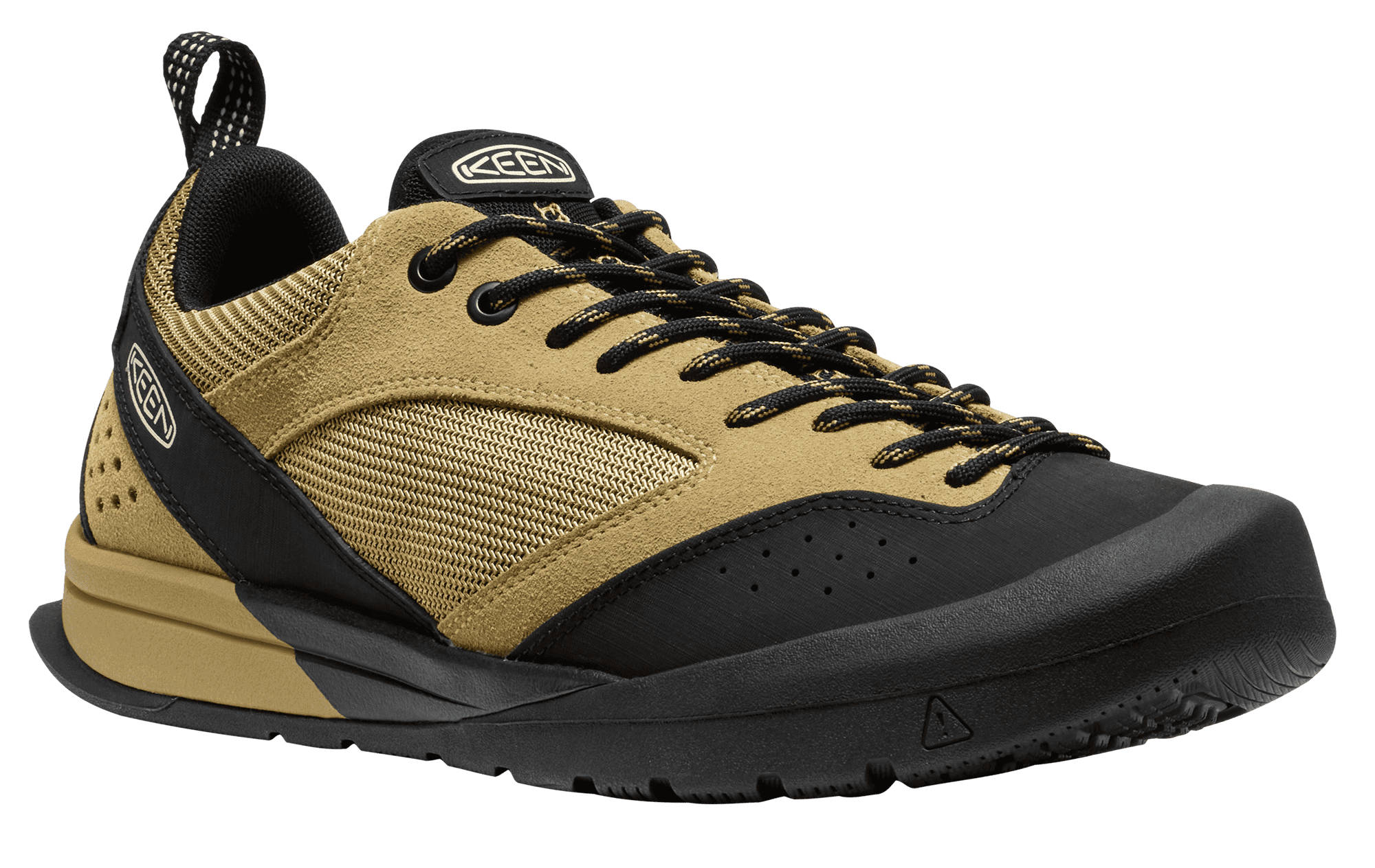 Tan and black shoe with KEEN logo on a clear background