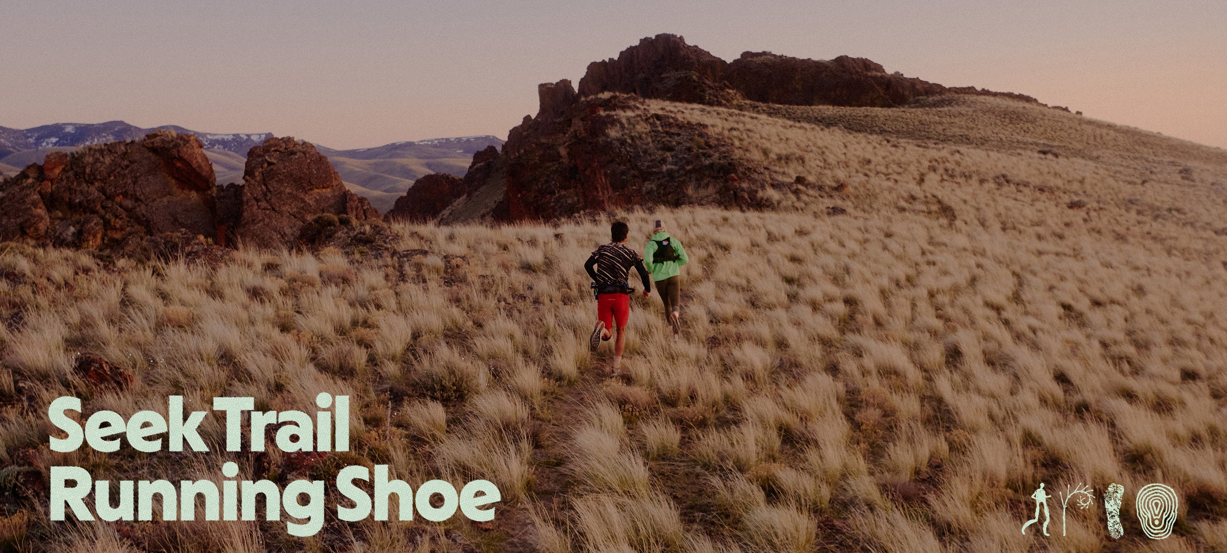 Two people running on a trail with 'Seek Trail Running Shoe' text overlay.
