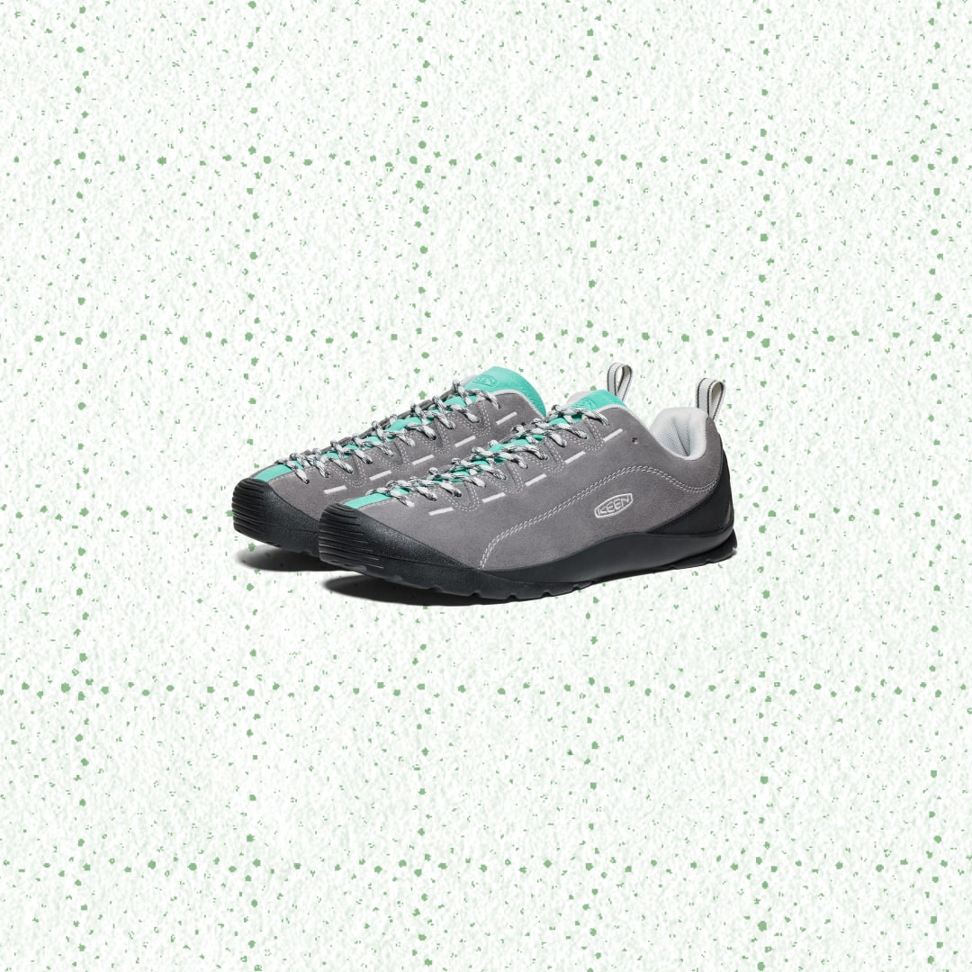 Gray and teal sneakers on a light background