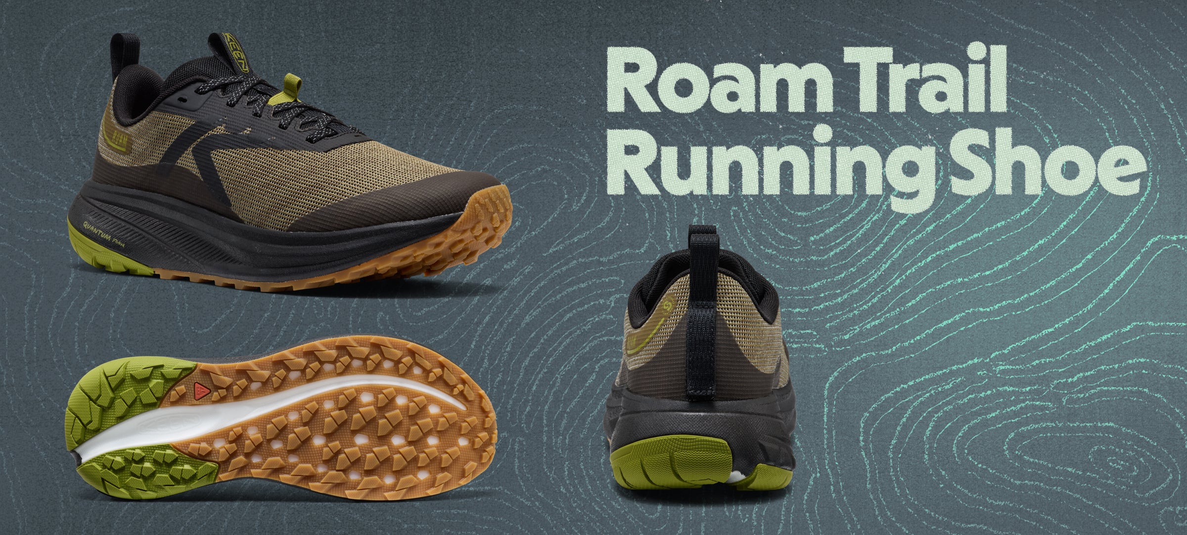 Roam Trail Running Shoe with side, bottom, and front views on a textured gray background.