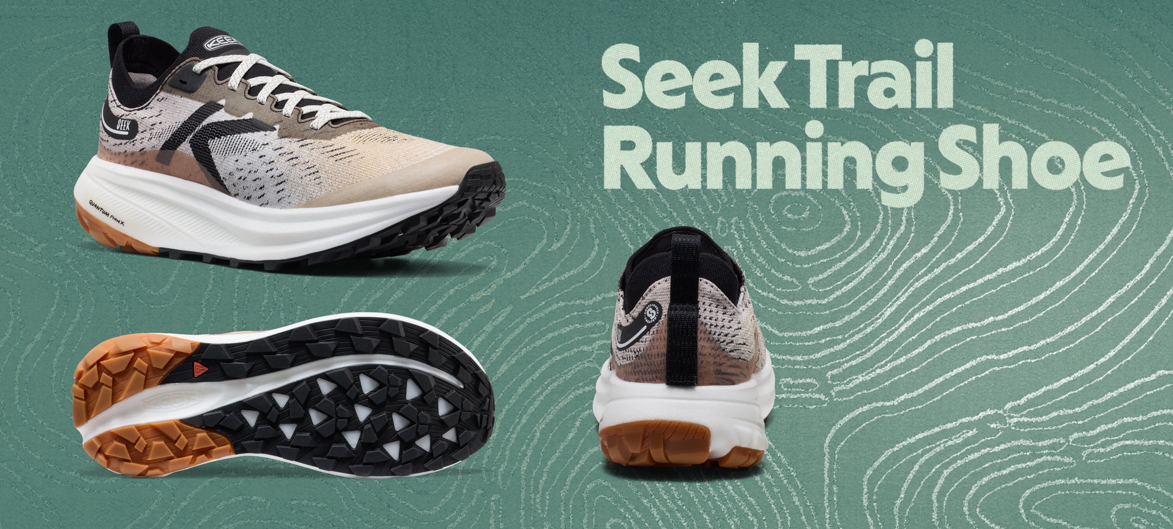 Seek Trail Running Shoe with side, top, and bottom views on a green background