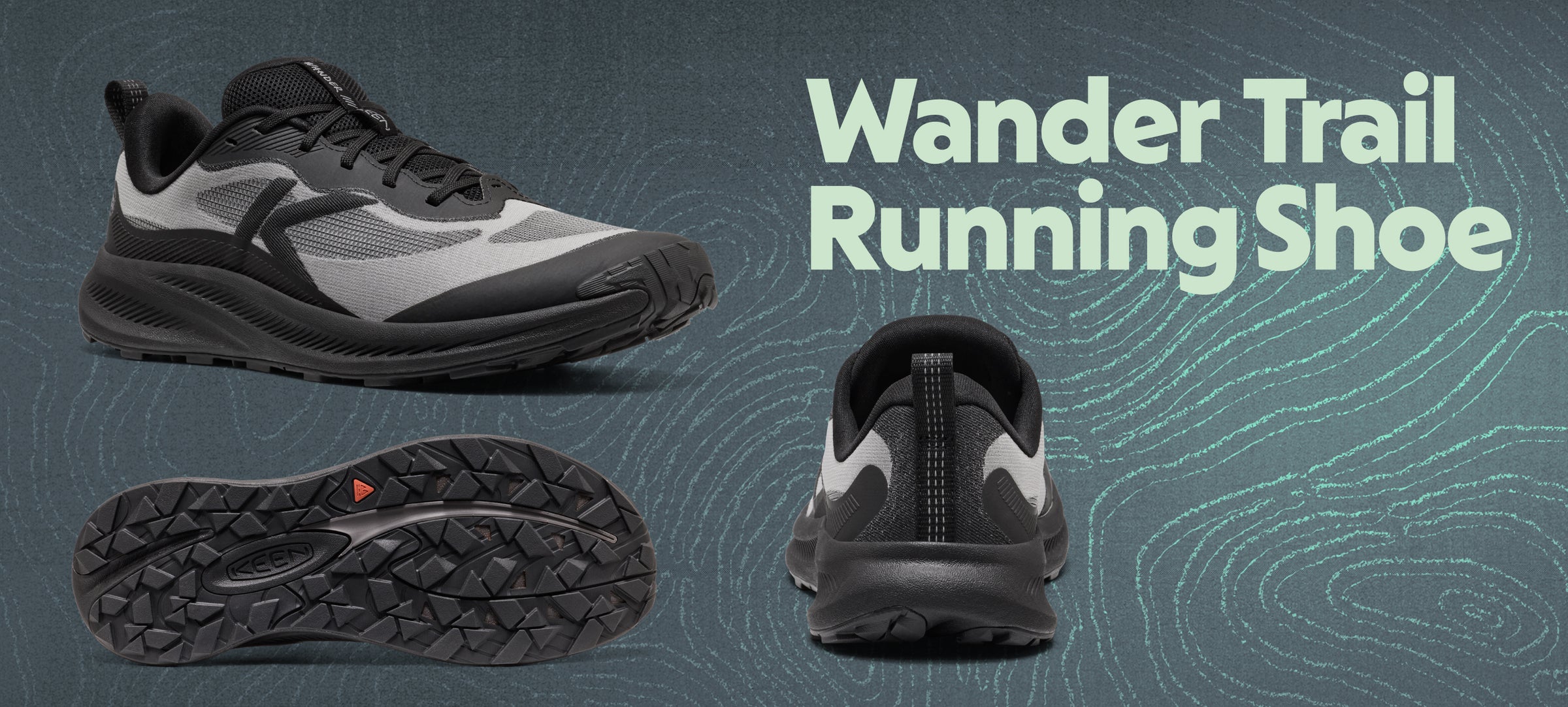 A promotional composite for the Wander Trail Running Shoe showing three views of the shoe: side profile, sole, and back view, with large text reading 'Wander Trail Running Shoe' on a textured blue-green background.